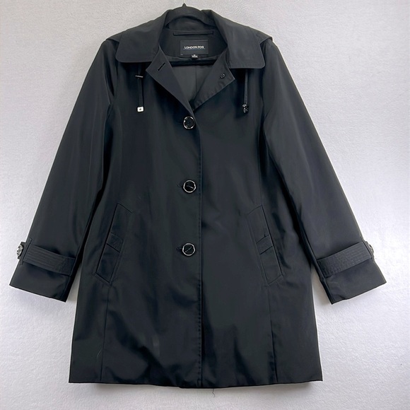 London Fog Women’s Trenchcoat Sz Med Black Hood Button Front Like New Condition - Picture 1 of 13